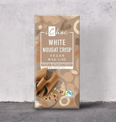 Zdjęcie produktu dla Batony czekoladowe White Nougat Crisp 80 g, w tym Veggie Sweets Bee Food Wegańskie Bez oleju palmowego Bezglutenowe Bez soi Bez plastiku Fairtrade