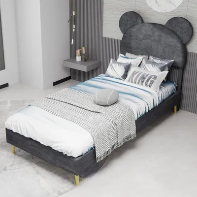 Productafbeelding van okwish Kinderbed 90x200, Juniorbed van MDF, eenpersoonsbed met opbergruimte, laag frame en hoofdeinde in een cartoonontwerp, Grijs (zonder matras)