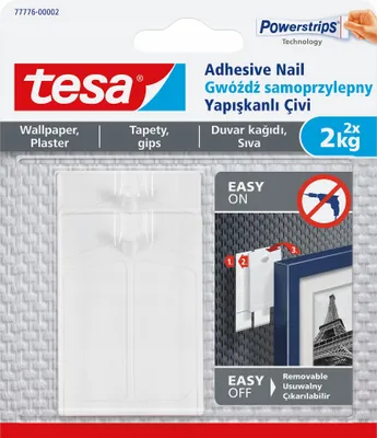 Produktbild von TESA Selbstklebende Nägel für Putz und Tapeten, weiß - Klebehaken, 2 kg, 2 Stück