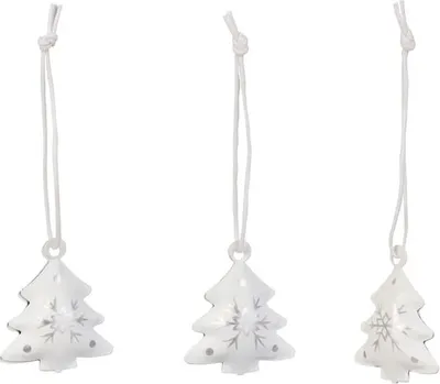 Three white Christmas tree ornaments with silver snowflake designs are shown hanging against a white background.