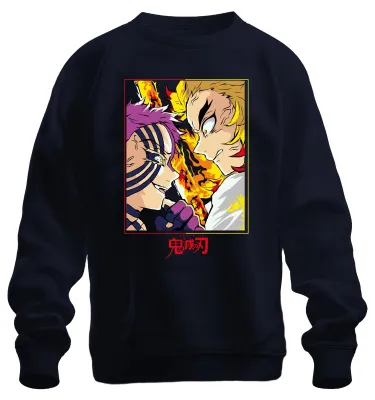 Imagen del producto de Sudadera con cuello redondo, estilo uni, diseño "Demon Slayer: Rengoku vs. Akaza", con motivos de llamas, ideal como regalo para fans del anime y el manga. Color azul marino, talla XL