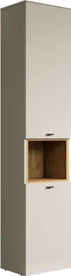 A tall, narrow cabinet with a light gray exterior and a wooden open shelf in the middle.