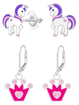 Produktbild von Einhorn & Krone Kinderohrringe Silber 925: Ohrstecker & Ohrringe Set