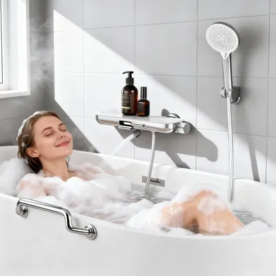 Produktbild von Brausebatterie-Set, Brausebatterie mit Handbrause & Ablage, Badewannenarmatur Brausehalter und Brauseschlauch inkl. Chrom