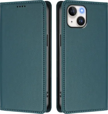 Image de Étui en cuir pour iPhone 14/iPhone 13, étui à rabat magnétique en cuirPolyuréthaneavec support, vert
