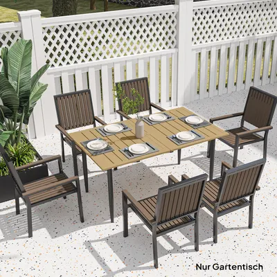 Produktbild von Gartentisch Stahl wetterfest mit Schirmloch, Terrassentisch Metalltisch Lattendesign, Braun | 150x90x73 cm | 6 Personen | 20 kg