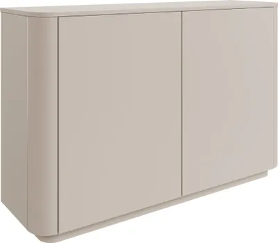 A studio shot of a gray sideboard with two doors and rounded edges.