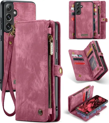 Collage of images showing a red leather wallet phone case for a Samsung Galaxy S24 FE, with various angles and details.