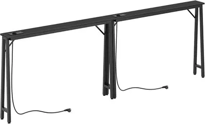 Obrázek produktu pro Konferenční stolek, šířka 15 cm, sada 2 kusů, úzké a dlouhé stolky do předsíně, stolky za pohovku, s nabíjecí stanicí, kovová konstrukce, vhodné do vstupní haly nebo chodby, barva černá, model XCT05L2CBB