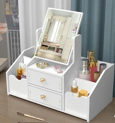 Produktbild von Make Up Organizer,Cosmetic Organizer, Schminktisch Organizer mit Spiegel, Multifunktionaler Desktop Kosmetik Organizer, Wei? Make up Organizer