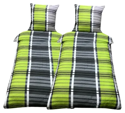 Produktbild von Bettwäsche Set 4-teilig Seersucker 135x200 cm Grün Grau Gestreift mit Reißverschluss