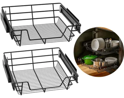 Image de XINZI Panier coulissant pour armoire de cuisine 60 cm, lot de 2 - Tiroir télescopique à extension totale, pour étagères de cuisine/armoires de chambre, (largeur réelle 57 cm) Noir