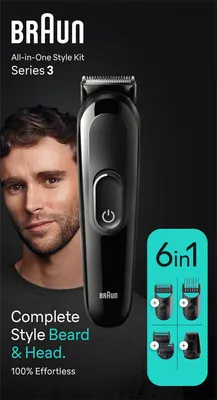 A man is shown next to a Braun Series 3 all-in-one style kit trimmer. The image also displays a "6in1" graphic with icons of different attachments.