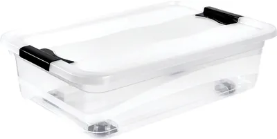 A clear plastic storage box with black latches and wheels.