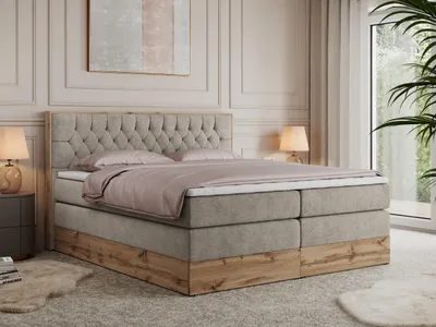 Obrázek produktu pro Kontinentální postel Boxspring AMORE KING s úložným prostorem - 200x200 cm - Materace H3 - Béžová Strukturovaná látka - Topper T25