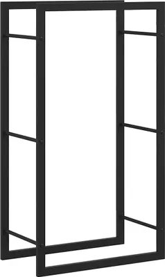 A black metal firewood rack shown against a white background.
