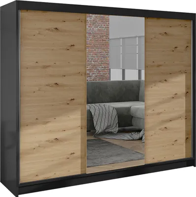 Produktbild von MIRJAN24 Schiebetürenschrank  Derby I, Kleiderschrank, Stilvoll Schlafzimmer Garderobenschrank (Farbe: Schwarz / Artisan Eiche)
