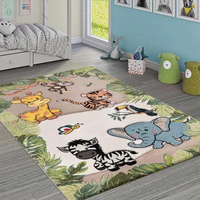 Produktbild von Kinderteppich Kinderzimmer Dschungel Tiere Giraffe Löwe Affe Zebra Beige Creme Grösse 200x290 cm