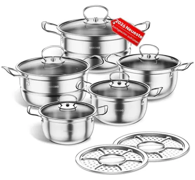 Immagine prodotto di Set di pentole in acciaio inossidabile, 12 pezzi, adatto per induzione, con coperchi in vetro, casseruola con manico, compatibile con tutti i tipi di fornello, senza rivestimento, colore grigio chiaro