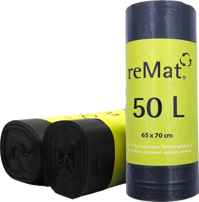 Produktbild von reMat Müllbeutel 50l aus 100% Post-Consumer Recyclingmaterial (PCR), 45 Mülltüten, Reißfest, Geruchsneutral, für die Restmüll- und Wertstoffsammlung