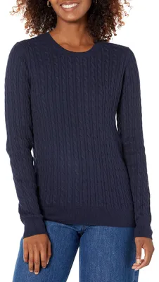 Productafbeelding van A. Essentials: Dameslichte, lange mouwen trui met kabelpatroon, marineblauw, maat M