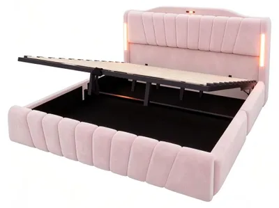 Productafbeelding van Bed met opbergruimte - 180 x 200 cm - Hydraulisch hefmechanisme - Fluweelbekleding - Gestoffeerd hoofdeinde - Houten lattenbodem - Roze