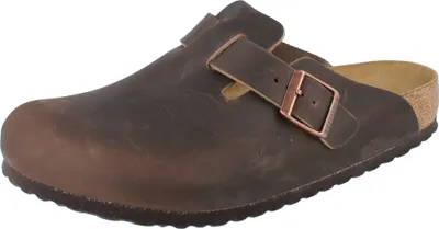 A single brown Birkenstock clog is shown against a white background.
