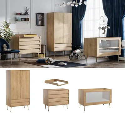 Produktbild von Babyzimmer Kinderzimmer Bonny komplett Set Schrank Kommode Wickelansatz Bett 140x70 Eiche