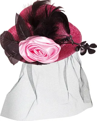 Produktbild von Minihut Hut Louise mit Rosen & Federn Pink mit 2 Haarclips Karneval Fasching