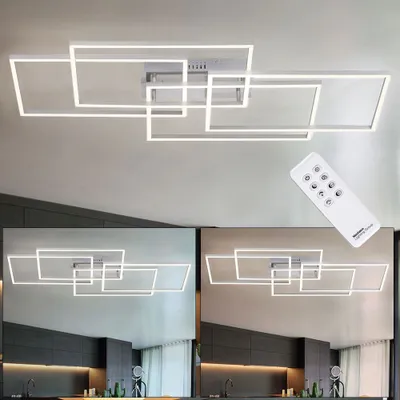 A modern LED ceiling light fixture with a geometric design, shown in a kitchen setting and with a remote control.
