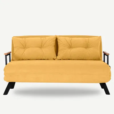 A yellow sofa with two cushions and wooden armrests, shown against a white background.
