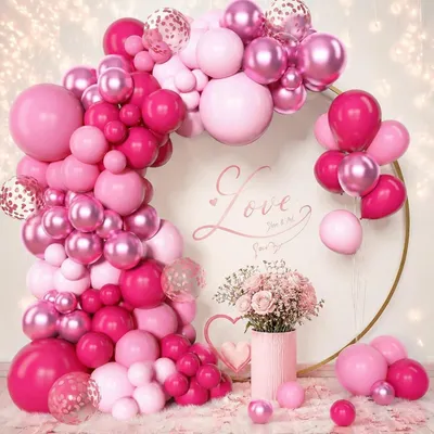 Productafbeelding van Ballonnen, roze, 114 stuks. Ballonketting met metallic roze latexballonnen voor verjaardag, bruiloft, babyfeest en decoratie