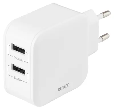 Immagine prodotto di Caricatore da parete DELTACO con due porte USB-A, 4,8 A, 24 W, bianco