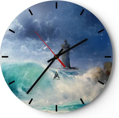 Produktbild von Wanduhr - Rund - Glasuhr - Leuchtturm Meer - 40x40cm - Schleichendes Uhrwerk - Lautlos - zum Aufhängen bereit - Dekoration Modern - Wanddekoration aus Glas - C3AR40x40-3576