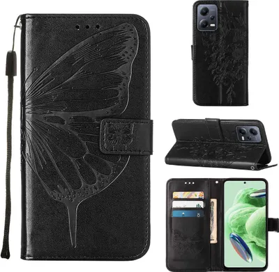 Produktbild von Lederhülle für Xiaomi Poco X5 /Redmi Note 12 5G Schmetterling Prägung Flip Ledertasche Kartenfächer Handyhülle mit Ständer Schwarz