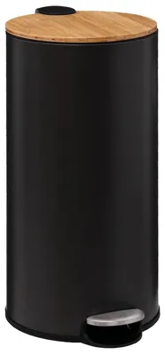 Productafbeelding van Prullenbak vuilnisbak afvalemmer - 30 liter - Zwart met bamboe deksel - D. 29 x H 65 cm - Voor keuken en badkamer