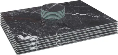 Produktbild von Harbour Housewares 12-teiliges Set aus Glas-Tischsets und runden Untersetzern – 40 x 30 cm – Schwarzer Marmor-Effekt