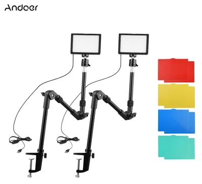 Produktbild von Andoer USB-Videokonferenz-Beleuchtungskit mit 2 * LED-Videoleuchten 3200K-5600K Dimmbar + 2 * faltbare Tischhalterung + 2 * Flexibler Kugelkopfadapter + 10 * Farbfilter (Rot / Gelb / Blau / Gruen / Weiss) fuer Live-Streaming-Videos Aufzeichnung des Online-Besprechungsunterrichts