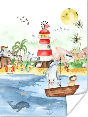 Produktbild von MuchoWow® Poster Strand - Tiere - Kinder - Leuchtturm - Jungen 120x160 cm - Wandbilder