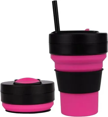 Produktbild von Famanu Faltbarer Silikon Reisebecher 350 ml - Wiederverwendbare Kaffeetasse mit Auslaufsicherem Strohhalm