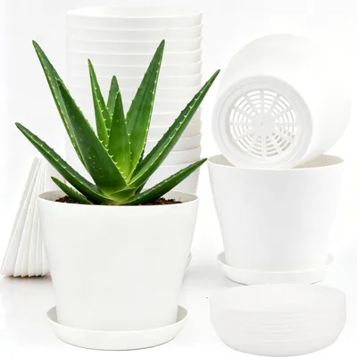 Obrázok produktu pre Omgoods – Súprava 16 bielych plastových kvetináčov s podmisťami, priemer 10 cm