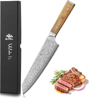 Produktbild von Wakoli Oribu Damast Kiritsuke Chefmesser I 20cm Klinge I Olivenholzgriff