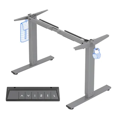 A gray electric standing desk frame with a control panel and two hooks, shown on a white background.