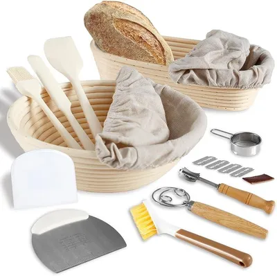 Imagen del producto de Cesta de fermentación para pan, redonda de 25,4 cm y ovalada de 27,9 cm. Conjunto de recipientes para la fermentación de masa madre, que incluye accesorios y herramientas adicionales para la elaboración de pan. (Oval y redonda)
