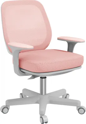 A pink and gray ergonomic office chair with five wheels.