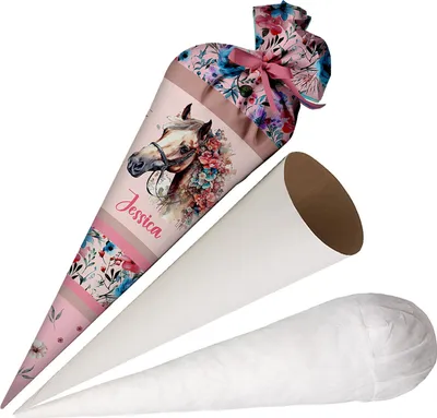 Produktbild von Ferocity, školní kornout se jménem, 70 cm, cukrový kornout k zápisu do školy, pro dívky - polštářek na koně [149]