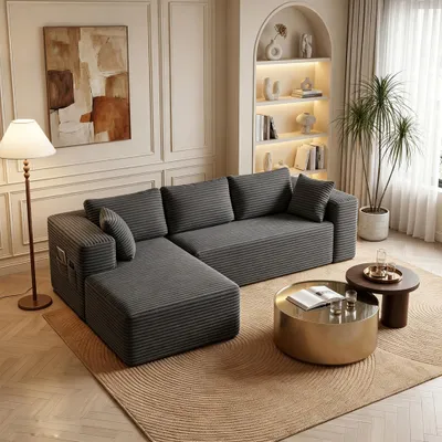 Obrázok produktu pre Rohová sedačka BEALIFE, 250x136x40 cm, s poťahom z tkaniny a výplňou z chladenej peny | U-tvar, delená časť vľavo | Pre 3-4 osoby, vrátane vankúšov a bočnej vrecká. | Tmavosivá, model AR35