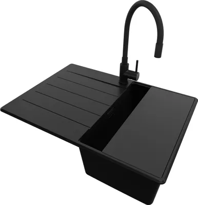 Produktbild von PRIMAGRAN Granitspüle Alles Schwarz 70x50cm, Spülbecken 1 Becken + Ablauf-Set + Küchenzubehörset, Küchenspüle ab 40er Unterschrank - Kopenhagen