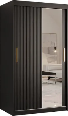 Produktbild von MIRJAN24 Kleiderschrank Riflo Slim 2 100, 2-türig Schiebetürenschrank, zwei Kleiderstangen, Aluminium-Gleitschienen, Frontspiegel (Farbe: Schwarz)
