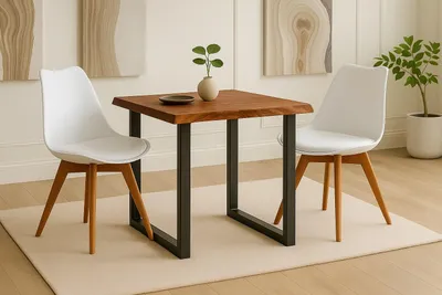 Produktbild von Essgruppe Baumkante massiv 80 x 80 Holz-Optik Nussbaum U-Gestell schwarz & 2 Stühle weiß JOSY